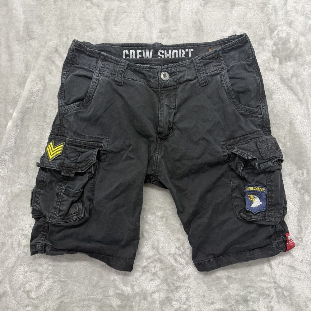 Alpha Industries Crew Cargo Shorts Mens 32 Black Military Utility Combat Faded